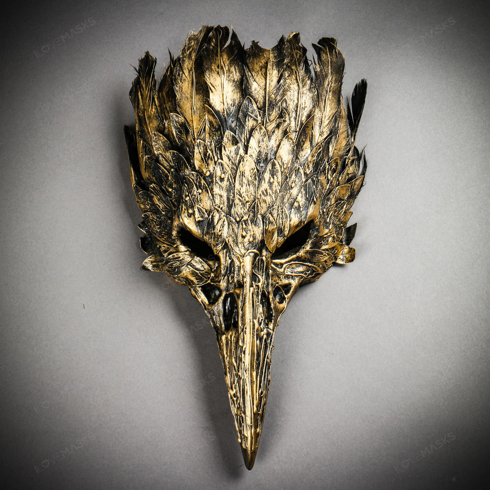 Raven Skull Bird Nose Feather Masquerade Mask - Black Gold